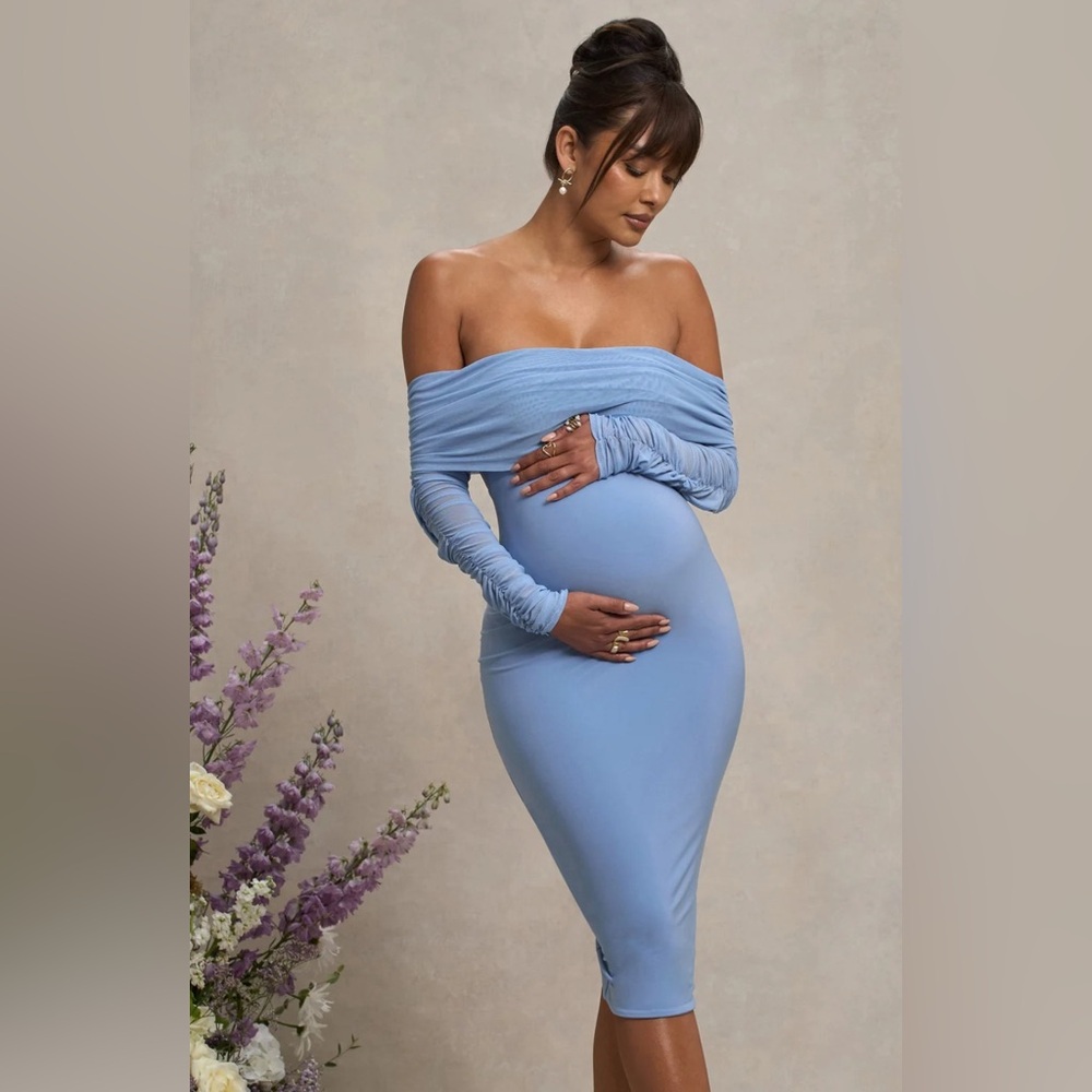 Club L London Powder Blue Maternity Ruched Mesh Bardot Midi Dress in a size 4